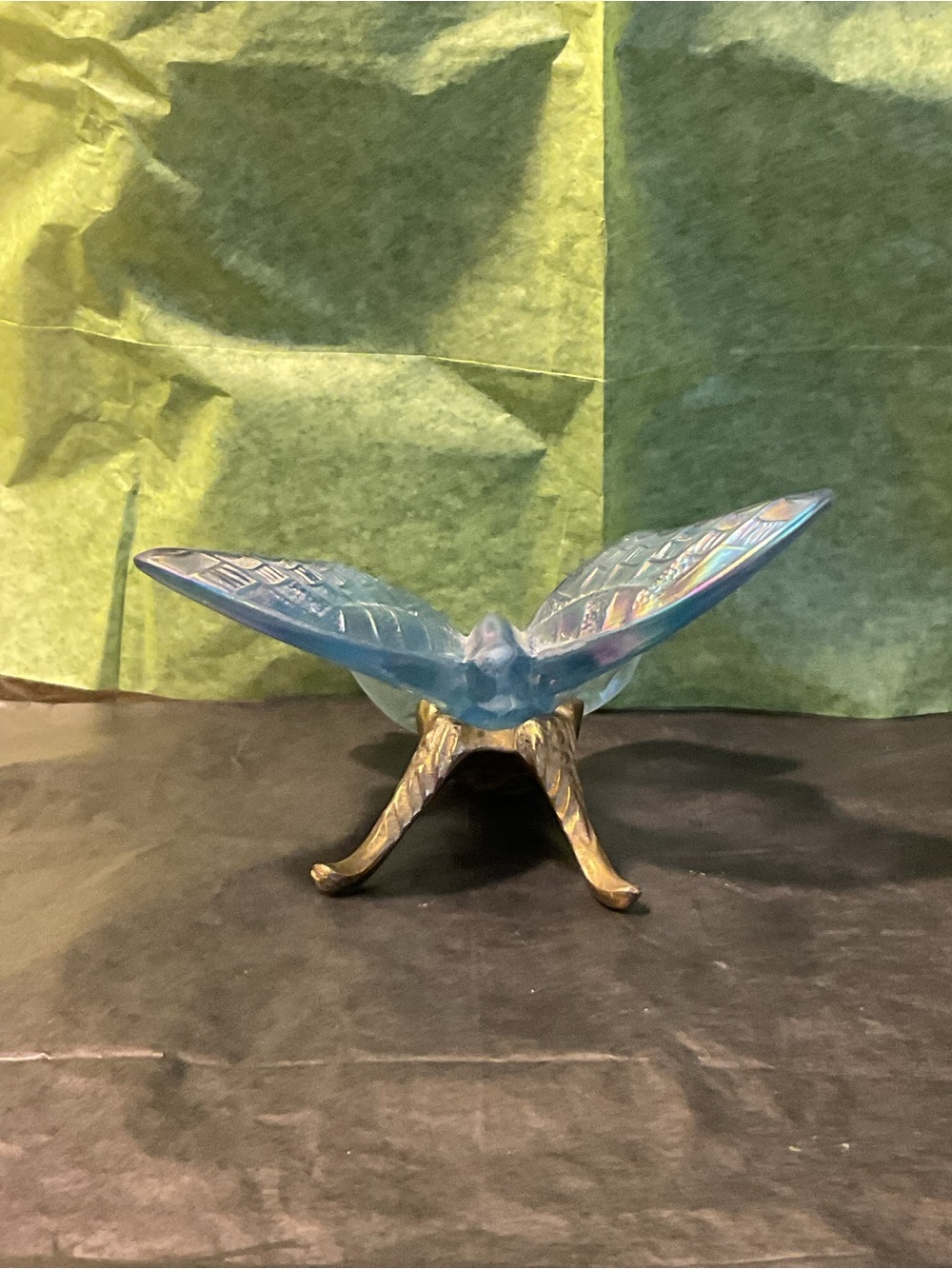 Blue Iridescent Glass Butterfly on brass base-Fenton